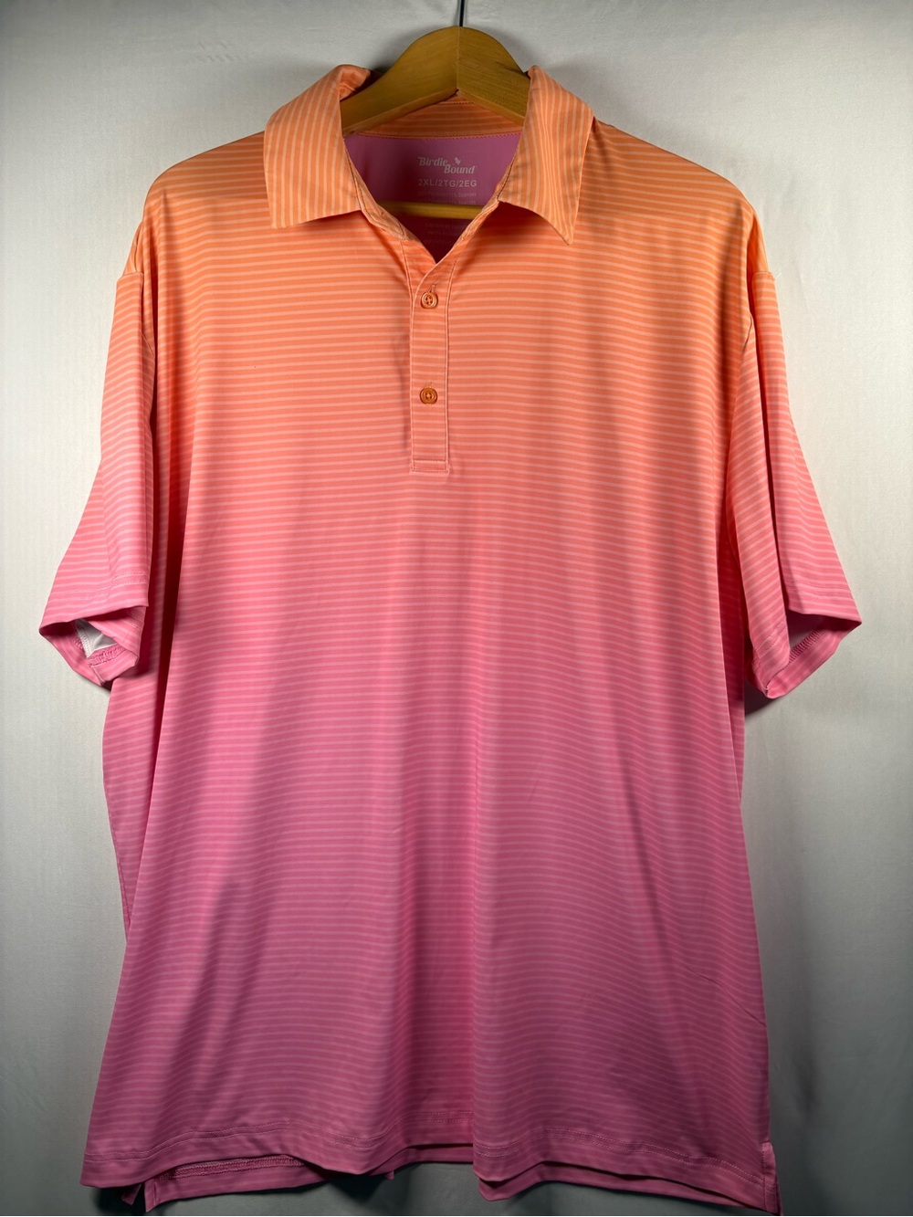 Birdie Bound Men’s Bright Pink Orange Gradient Button Collar Polo Shirt Golf XXL
